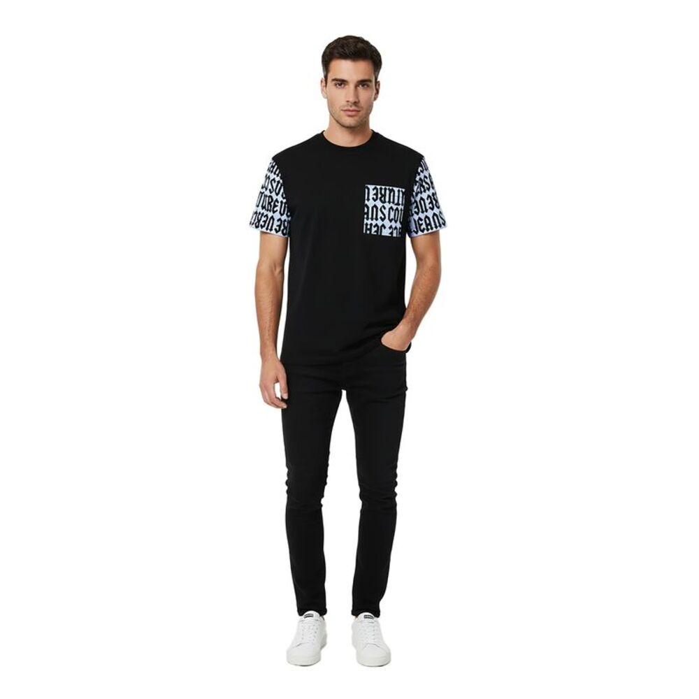 Versace Jeans Couture Black Mens Logo-Print Black T-Shirt with Blue Accents